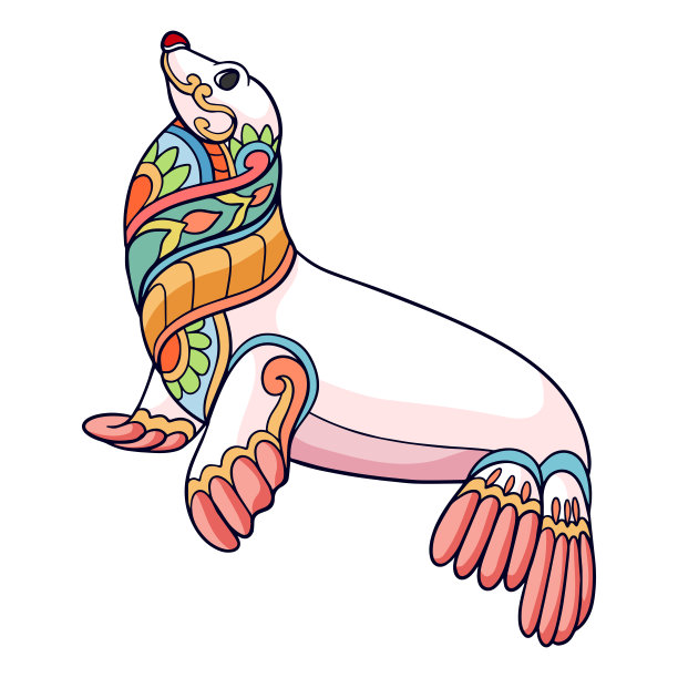 彩色可爱的海狮卡通曼荼罗艺术孤立在白色背景图片下载