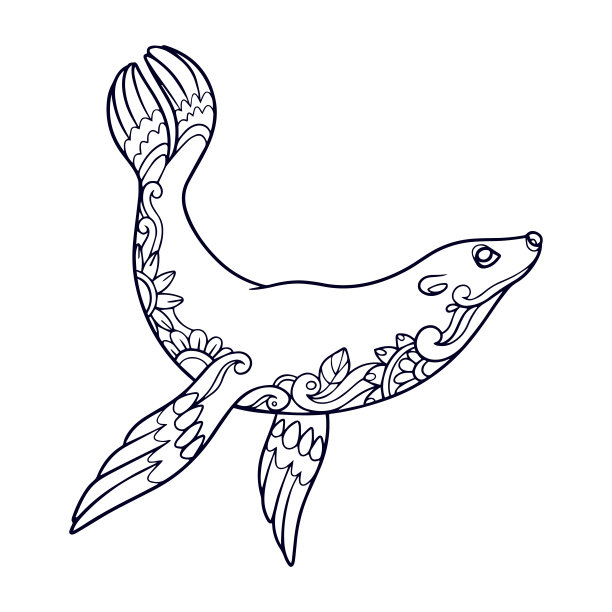 可爱的海狮卡通曼荼罗艺术孤立在白色背景图片下载