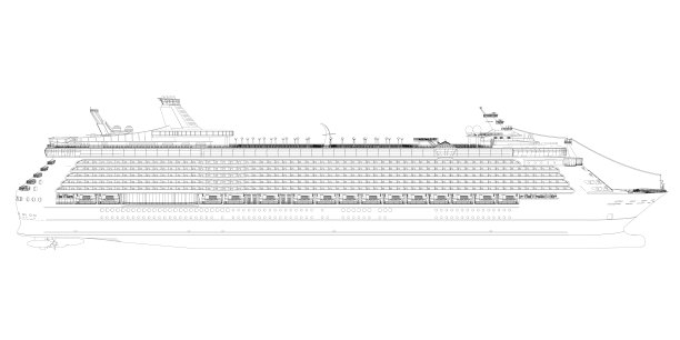 一艘大型多甲板巡洋舰的轮廓从黑色线孤立在白色背景上。侧视图。3 d。矢量插图。图片下载