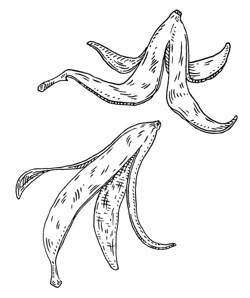 香蕉皮上滑倒了。复古雕刻黑色单色插图。孤立在白色图片下载