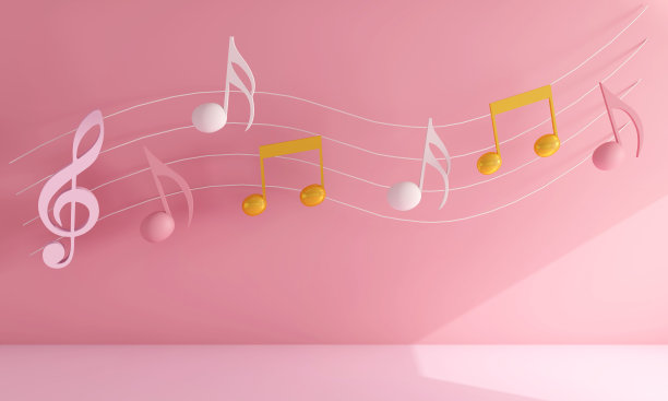 粉色背景上的白色、粉色和黄色音符的3D渲染图片下载