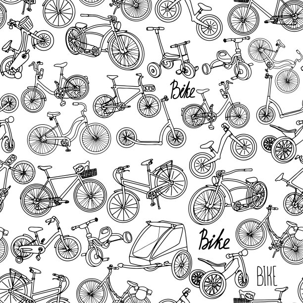 涂鸦自行车无缝图案适用于包装纸、墙纸、印花、纺织品、织物。生态可持续交通图片下载