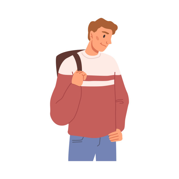 男性人士穿着休闲装，背着背包。孤立的学生望向一边。放松人的表情。平面卡通人物，平面风格的矢量图片下载