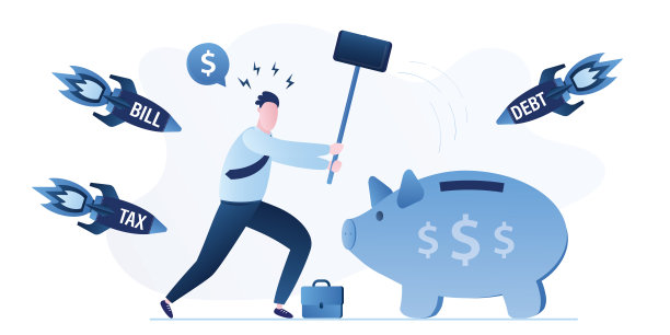 商人用大锤子砸存钱罐。未雨绸缪。经济危机期间积累的现金资金的使用。需要现金。债务问题，税收问题。图片下载