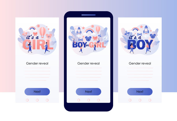 “性别揭秘”派对。宝宝派对庆祝。男孩还是女孩。屏幕模板的移动，智能手机应用程序。现代扁平卡通风格。矢量图图片下载