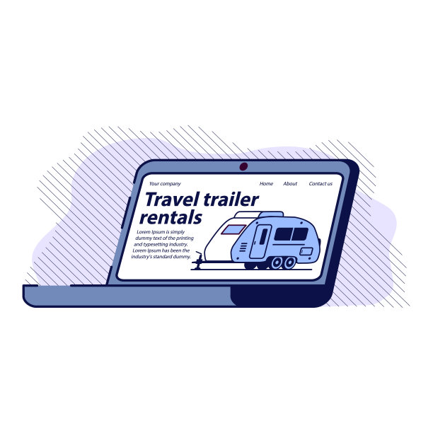 房车房车旅行。拖车租赁网站在笔记本电脑显示器上。图片下载