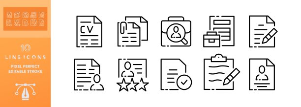 摘要设置图标。工作，职业，作品集，评论，推荐，文件，求职，薪水空缺概念。Glassmorphism风格。矢量可编辑设置图标在白色背景上的业务图片下载