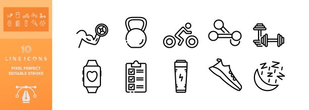 健康生活方式的典范。运动，哑铃，自行车，追踪器，壶铃，运动鞋，健康睡眠，能量饮料，跑步，轻松飞行。白色背景上的矢量可编辑设置图标图片下载