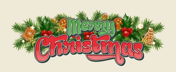 圣诞快乐。用冷杉树枝、姜饼、冬青浆果、金色雪花和珠子装饰圣诞的边界。圣诞节或新年的设计元素。向量图片下载