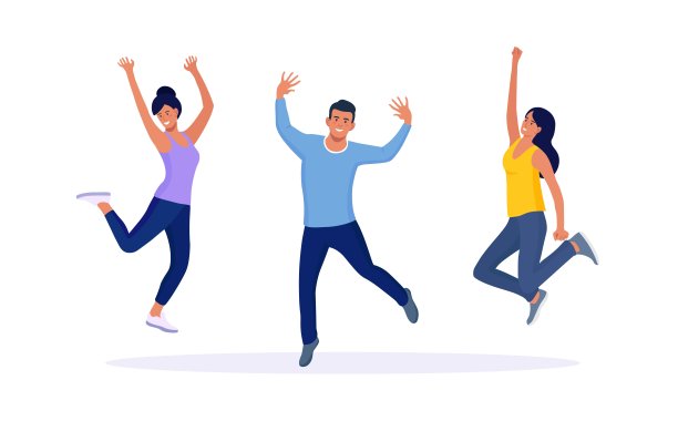 快乐的人们欢蹦乱跳地庆祝胜利、胜利或目标的实现。一队或一群朋友举起手来。成功,胜利图片下载