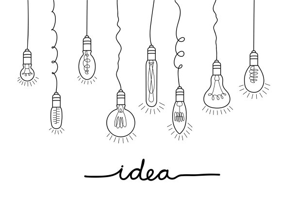 一个悬挂着一个想法的手绘灯泡，一个想法的符号，一个涂鸦风格的简单草图。平面向量插图。图片下载