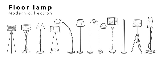 客厅的横幅，涂鸦素描灯，桌灯和落地灯，手绘不同大小和类型，现代和复古。矢量插图。图片下载