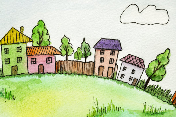 水彩画。明亮的童话小镇和五颜六色的房子。卡。图片下载