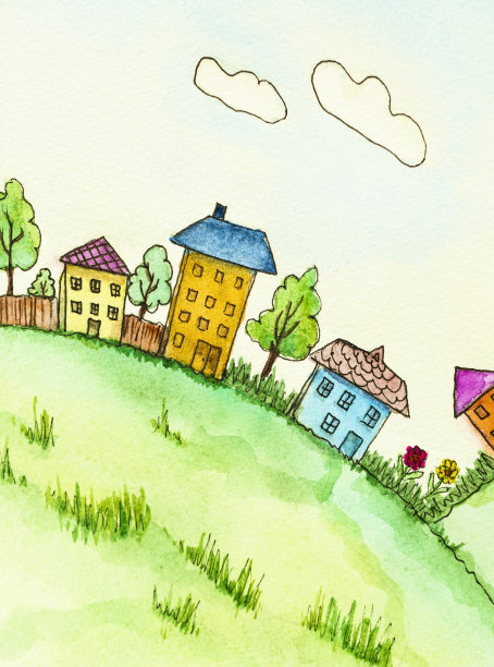 水彩画。明亮的童话小镇和五颜六色的房子。卡。图片下载