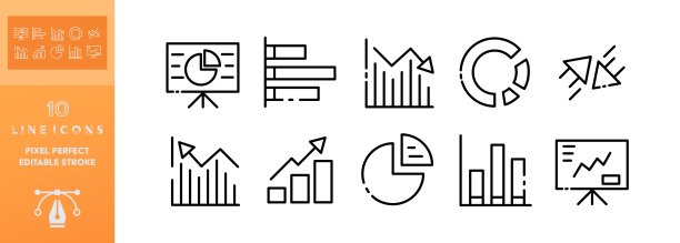 工作信息图表图标集：统计图、条形图、箭头、信息交流、增长、下降、数据传输。商业概念。矢量可编辑图标集，白色背景图片下载