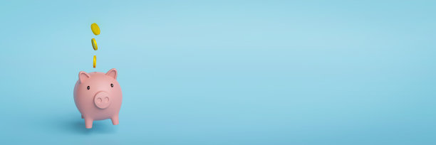 蓝色背景的粉红色储蓄罐上浮动的硬币横幅。图片下载