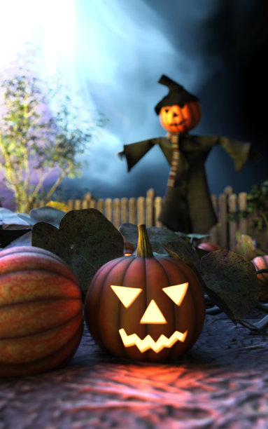 黑夜玉米地上戴着南瓜头和外套的可怕稻草人。图片下载