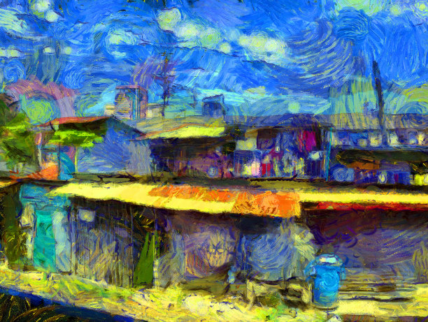 在大城市的贫民窟社区住房插图创造了印象派风格的绘画。图片下载