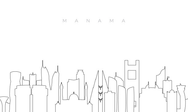 麦纳麦天际线轮廓。时尚的模板与麦纳麦的建筑和地标在直线风格。股票向量设计。图片下载