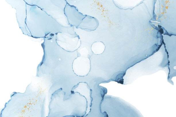 水彩背景与抽象蓝墨水波浪和金色飞溅。图片下载