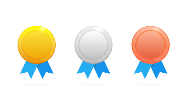 金牌，银牌和铜牌与蓝色丝带平坦矢量图标的体育应用程序和网站图片下载