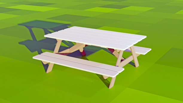 野餐桌与长凳上的绿色背景- 3D渲染图片下载