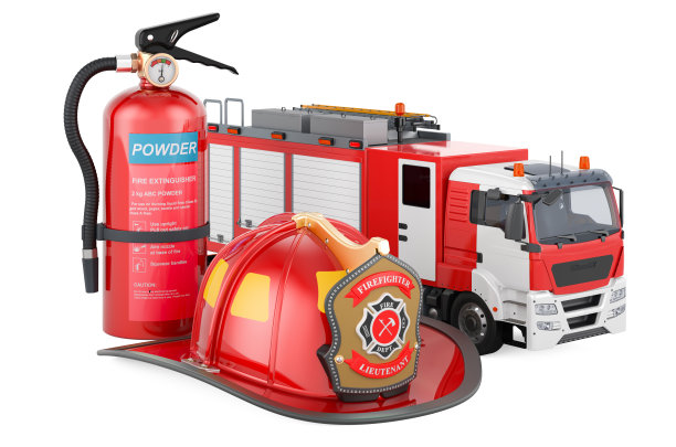 配有灭火器和消防头盔的消防车，3D渲染图片下载