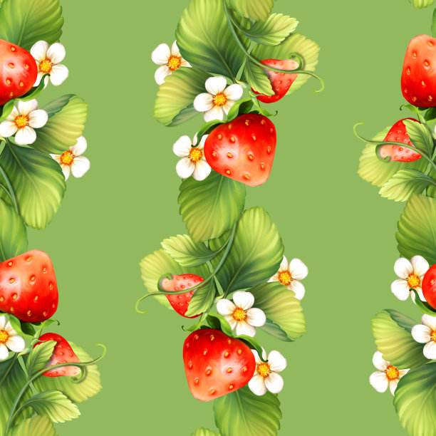 草莓背景与花，野生浆果，树叶。绿色上的无缝图案。图片下载