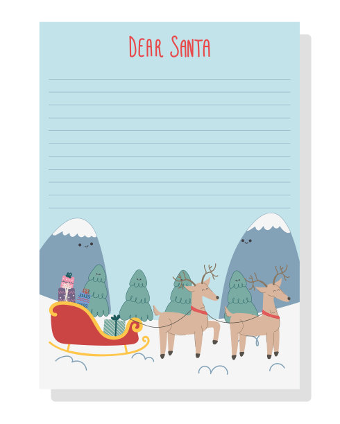 可爱的圣诞信件模板与鹿和雪橇在山矢量插图。给圣诞老人的圣诞信图片下载