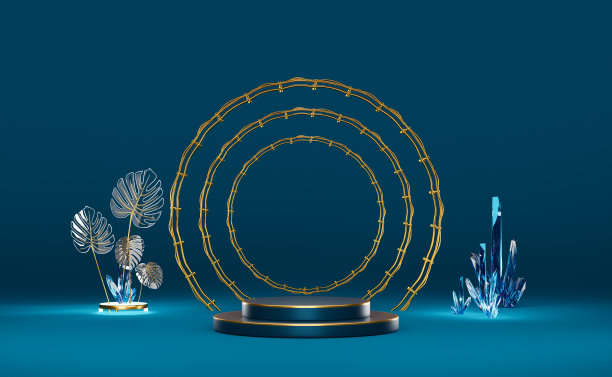 讲台空的石英石晶体和蓝色的玻璃怪兽叶组成的现代舞台展示和极简主义的模型，抽象的橱窗背景，概念3d插图或3d渲染图片下载