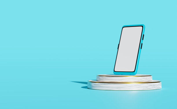 移动智能手机圆柱形大理石讲台在蓝色背景，基座展示现代，3d插图或3d渲染图片下载