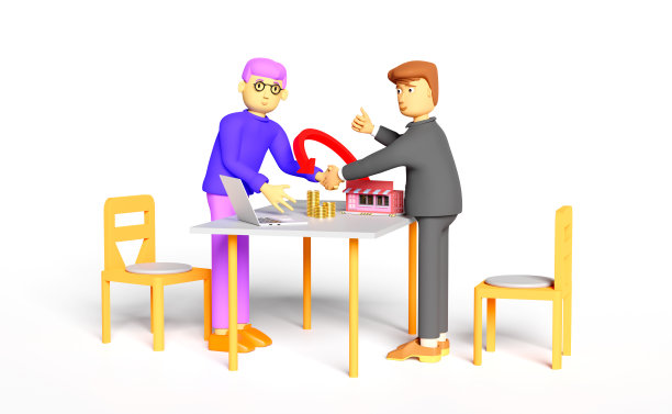 卡通人物商人握手与商店模型和桌上的硬币堆，成功协议商业概念，孤立在白色背景，3d渲染图片下载