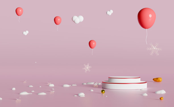 白色的讲台空气球和雪花在粉红色的背景为现代舞台展示和极简主义的模型，概念圣诞节和节日新年，3d插图或3d渲染图片下载