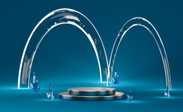 讲台空与石英石晶体在蓝色组成现代舞台展示和极简主义的模型，抽象的橱窗背景，概念3d插图或3d渲染图片下载