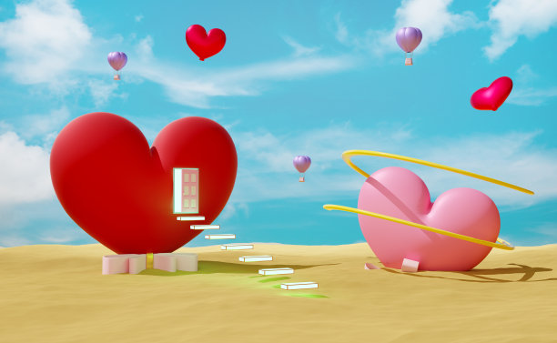 开放的门和心形气球和楼梯与超现实的沙漠景观和蓝天，抽象的最小背景，3d插图或3d渲染图片下载