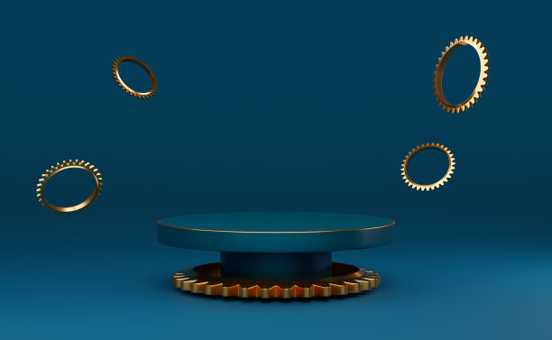 圆柱形讲台空和齿轮的几何形状在蓝色组成的现代舞台展示和极简主义的模型，抽象的橱窗背景，概念3d插图或3d渲染图片下载