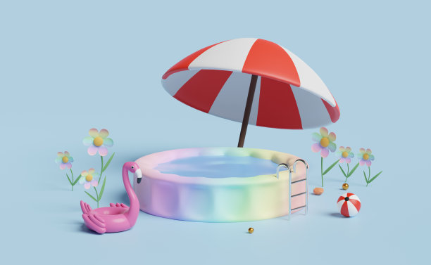 充气泳池与游泳环火烈鸟，伞，沙滩球孤立在蓝色背景。夏季装修概念，3d插图或3d渲染图片下载