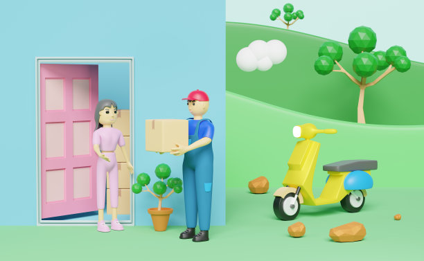 快递员和货物箱与接收器和黄色滑板车在农村的蓝色组成，快速递送服务的业务概念，3d插图或3d渲染图片下载