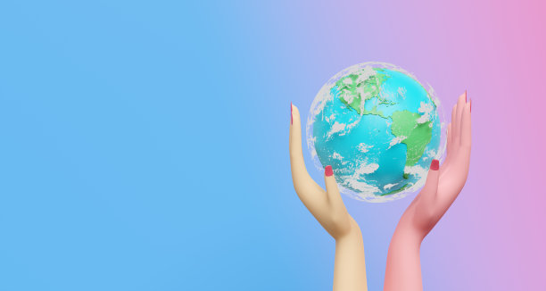 卡通女性手握地球与复制空间。概念3d插图或3d渲染图片下载