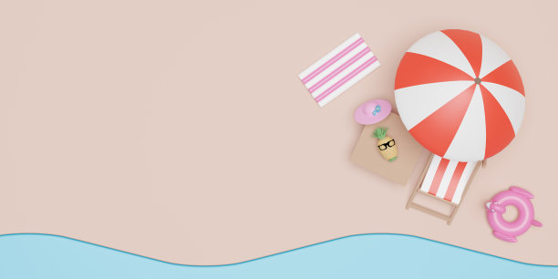 夏季海滩顶视图与沙滩椅，帽子，充气火烈鸟，橡胶筏景观背景概念，3d插图或3d渲染图片下载