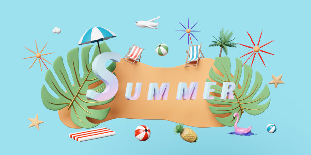 夏季销售旗帜与怪兽叶，充气火烈鸟，沙滩椅，球，伞，椰子树，菠萝，海星孤立在蓝色背景。概念3d插图或3d渲染图片下载
