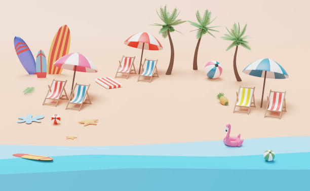 夏季海滩顶视图沙滩椅，球，充气火烈鸟，伞，椰子树，海星，橡胶筏，冲浪板，景观背景概念，3d插图或3d渲染图片下载