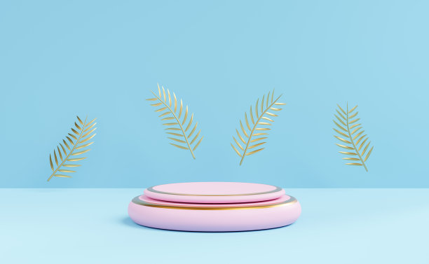 圆柱形舞台讲台空与几何形状的蓝色蜡笔组成。夏季装饰概念，抽象展示背景，3d插图或3d渲染图片下载