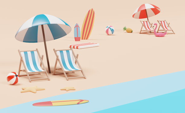 夏季沙滩，沙滩椅，球，充气火烈鸟，海星，橡胶筏，冲浪板，景观背景。夏季旅行概念，3d插图，3d渲染图片下载