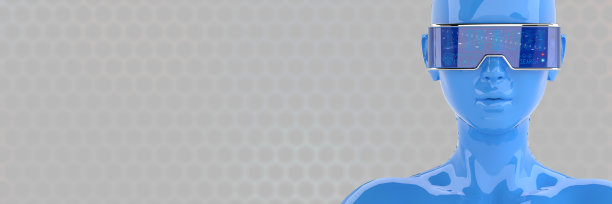 蓝色女性半机械人，戴着灰色图案的医用护目镜图片下载
