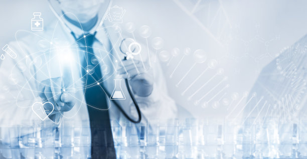 医疗保健和医疗服务理念，医生用听诊器在医院触摸图标网络连接，用现代虚拟屏幕界面，医疗技术网络理念。图片下载