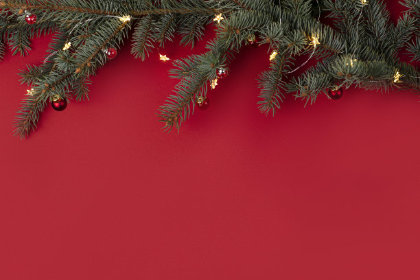 圣诞红色背景与杉树树枝和装饰。图片下载