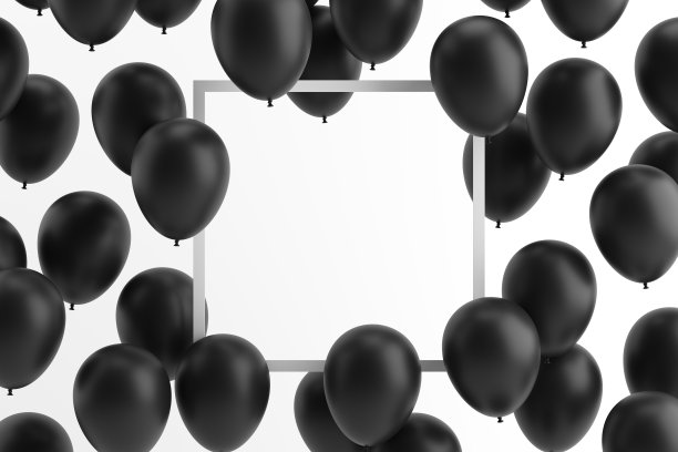 在白色背景下飞行的黑色派对气球的宽3D插图。灰色的方框为您的文本。黑色星期五的广告概念。图片下载