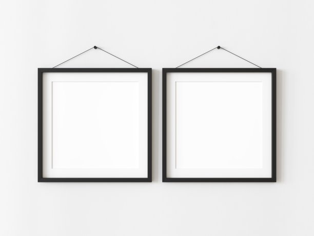 两个正方形空白相框，供拍照用。孤立的黑色图片框架模型模板上的白色背景。三维演示图片下载