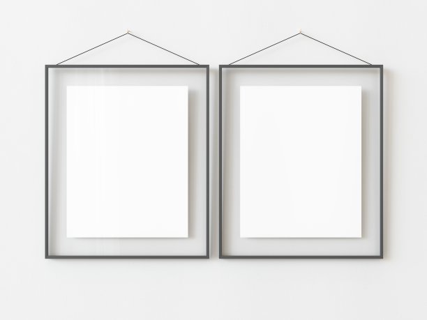 两个灰色矩形垂直框架挂在一个白色纹理的墙壁模型上，平铺，俯视图，3D插图图片下载